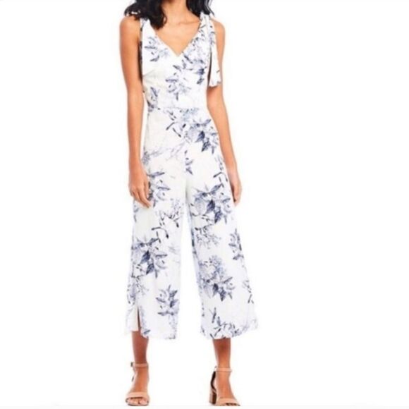 Alex Marie navy/ blue botanical print sleeveless cropped jumpsuit size 8 - Picture 1 of 14